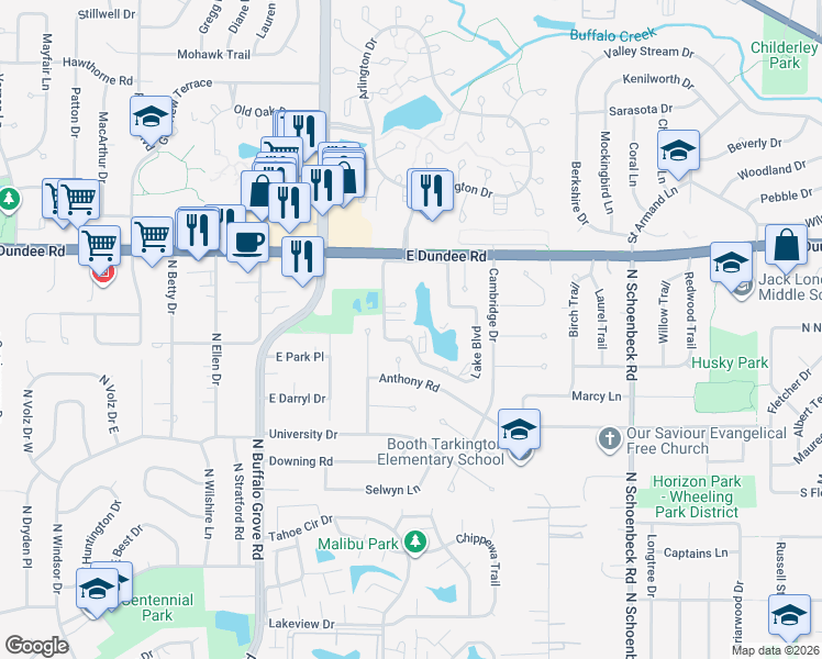 map of restaurants, bars, coffee shops, grocery stores, and more near 225 Lake Boulevard in Buffalo Grove