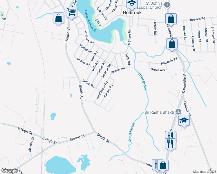 map of restaurants, bars, coffee shops, grocery stores, and more near 20 Kalmia Road in Holbrook