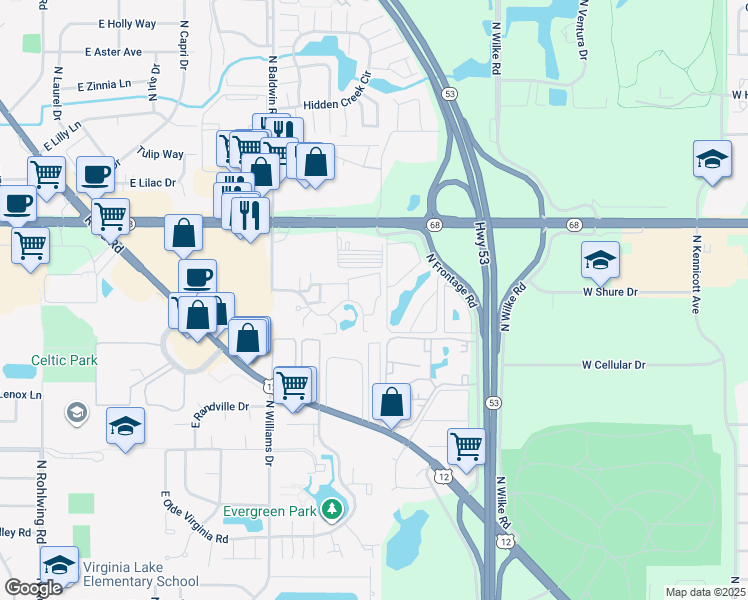 map of restaurants, bars, coffee shops, grocery stores, and more near East Wyndham Circle in Palatine