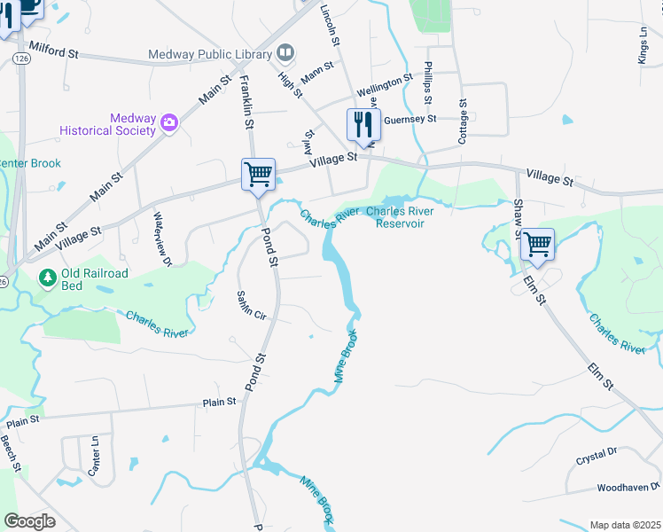 map of restaurants, bars, coffee shops, grocery stores, and more near 14 Island Road in Franklin