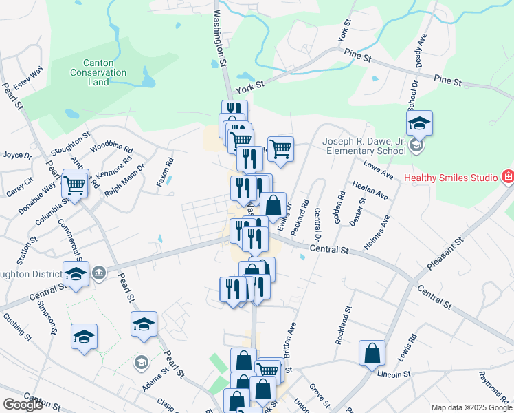 map of restaurants, bars, coffee shops, grocery stores, and more near 354 Washington Street in Stoughton