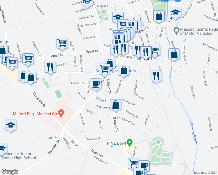 map of restaurants, bars, coffee shops, grocery stores, and more near 22 South Main Street in Milford