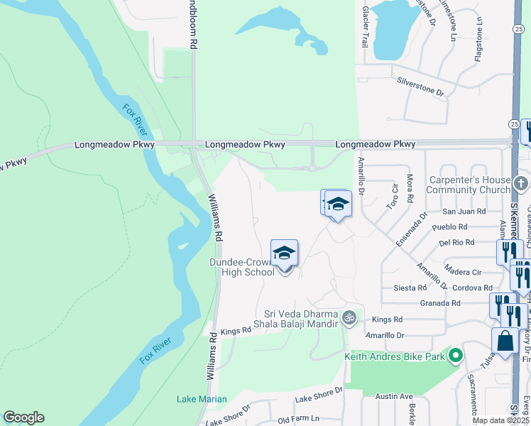 map of restaurants, bars, coffee shops, grocery stores, and more near 19 Oxford Drive in Carpentersville