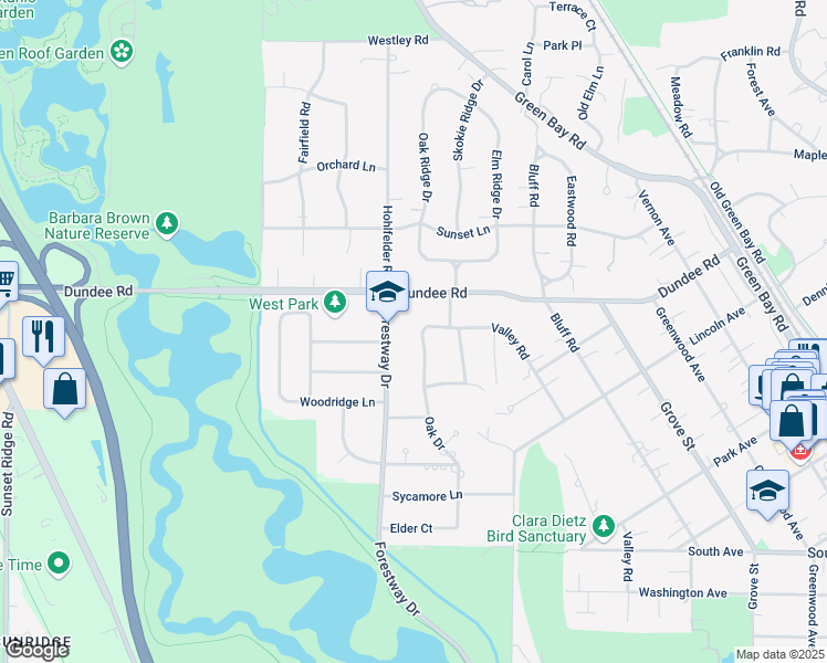 map of restaurants, bars, coffee shops, grocery stores, and more near 972 Oak Drive in Glencoe