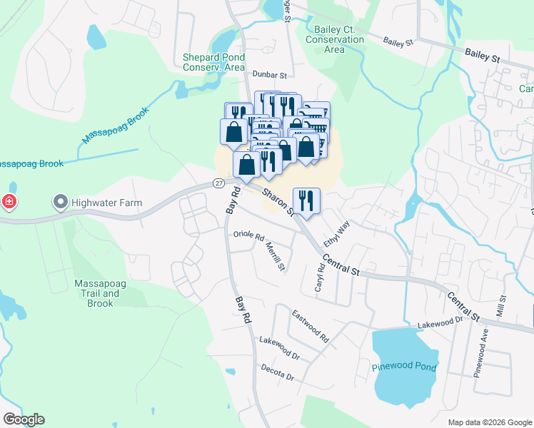 map of restaurants, bars, coffee shops, grocery stores, and more near 2321 Central St in Stoughton