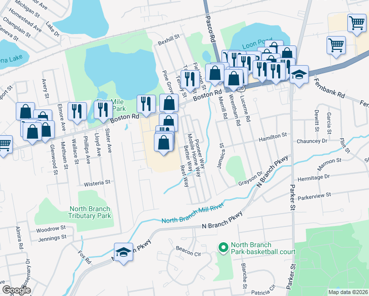 map of restaurants, bars, coffee shops, grocery stores, and more near 1105 Boston Road in Springfield