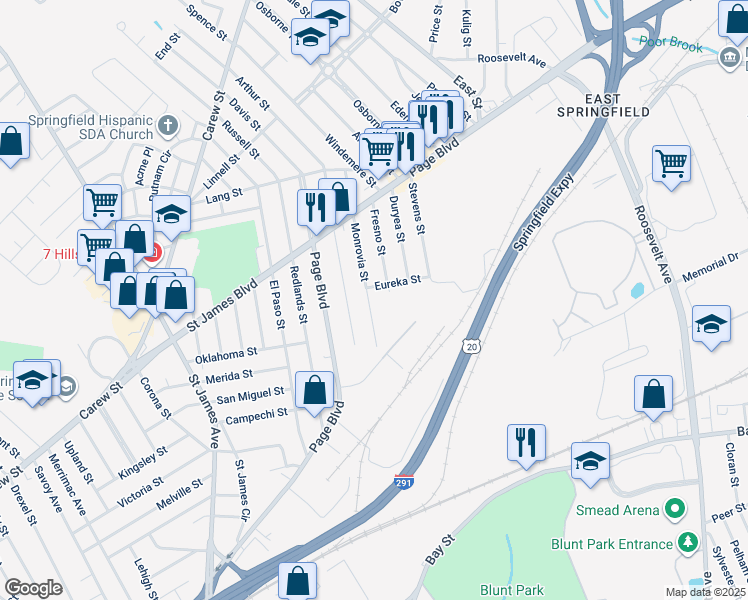 map of restaurants, bars, coffee shops, grocery stores, and more near 159 Monrovia Street in Springfield