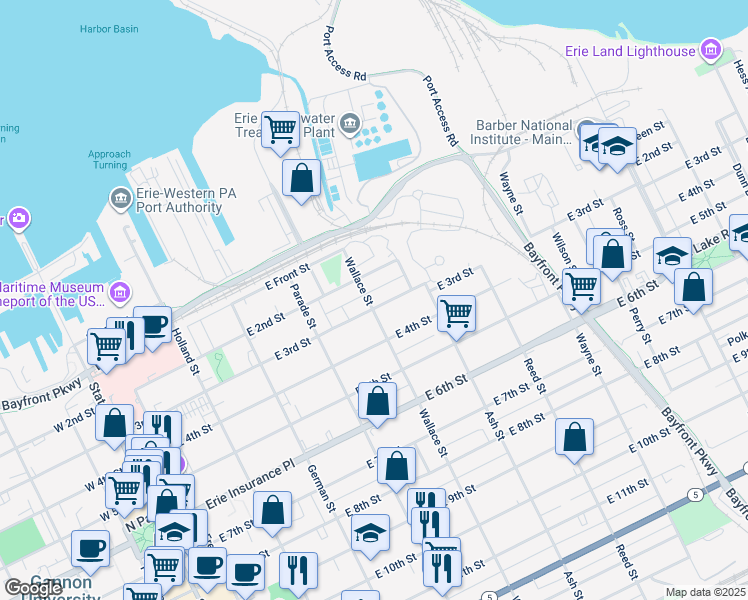 map of restaurants, bars, coffee shops, grocery stores, and more near 513 East 3rd Street in Erie