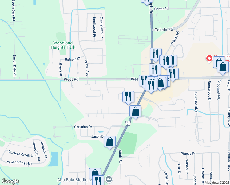 map of restaurants, bars, coffee shops, grocery stores, and more near 24550 San Marino Drive in Brownstown Charter Township