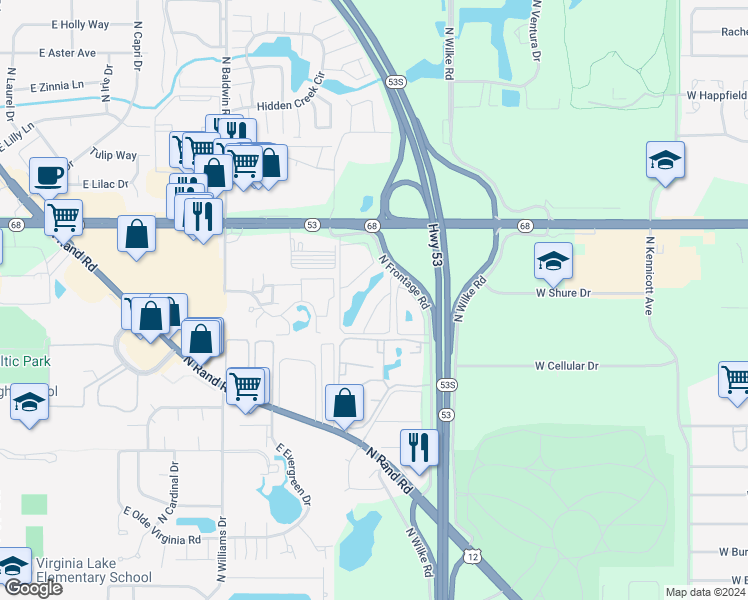 map of restaurants, bars, coffee shops, grocery stores, and more near 1526 Crimson Lane in Palatine