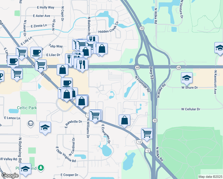 map of restaurants, bars, coffee shops, grocery stores, and more near 1313 East Wyndham Circle in Palatine