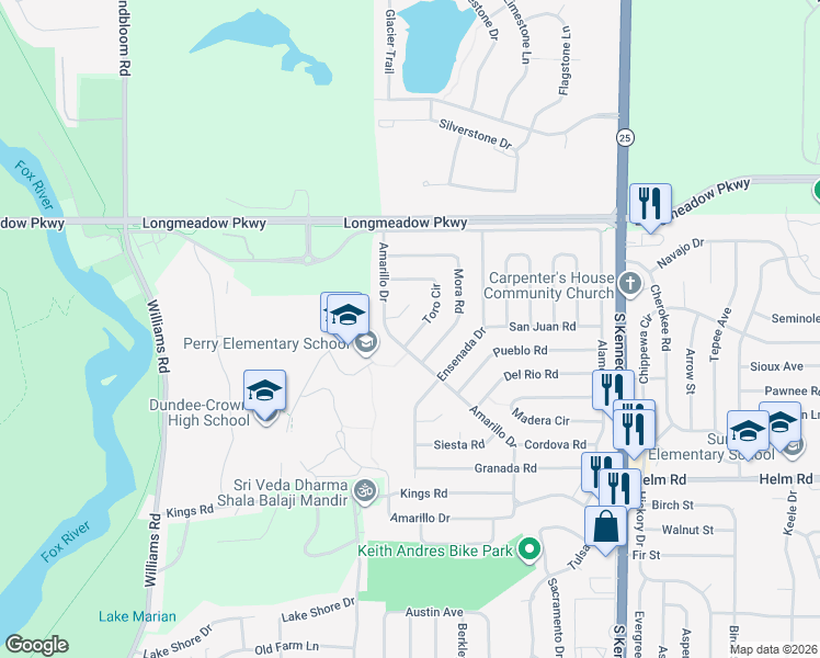 map of restaurants, bars, coffee shops, grocery stores, and more near 103 Toro Circle in Carpentersville