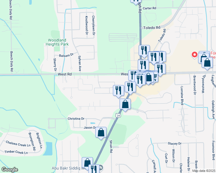 map of restaurants, bars, coffee shops, grocery stores, and more near 24550 San Marino Drive in Brownstown Charter Township