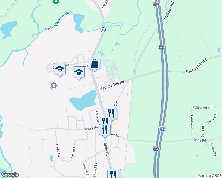 map of restaurants, bars, coffee shops, grocery stores, and more near 20 Federal Hill Road in Oxford