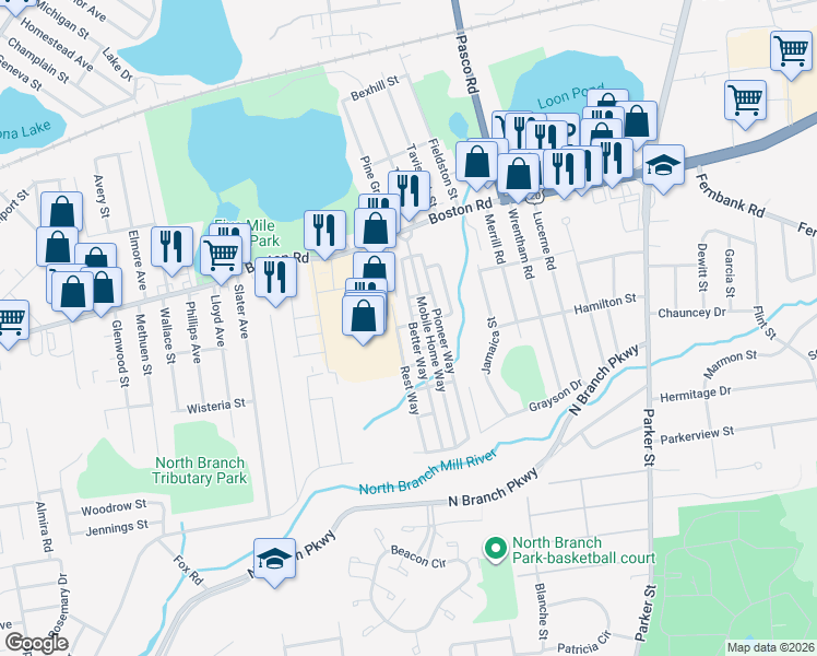 map of restaurants, bars, coffee shops, grocery stores, and more near 1105 Boston Road in Springfield