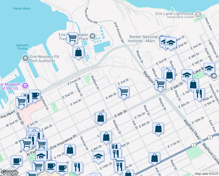 map of restaurants, bars, coffee shops, grocery stores, and more near 535 East 3rd Street in Erie