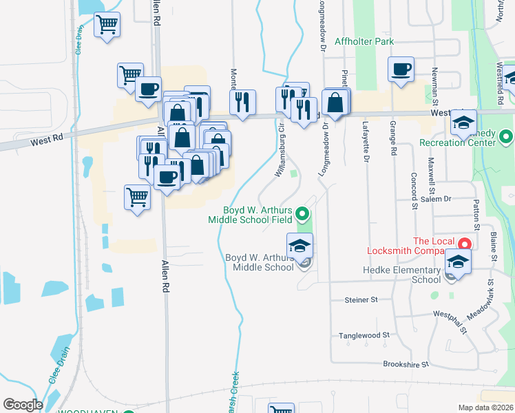map of restaurants, bars, coffee shops, grocery stores, and more near 23441 Williamsburg Circle in Woodhaven