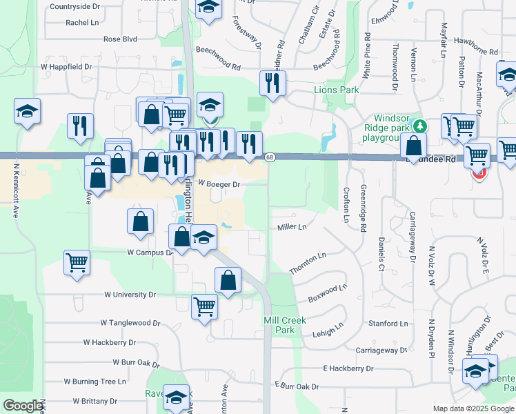 map of restaurants, bars, coffee shops, grocery stores, and more near 3400 North Old Arlington Heights Road in Arlington Heights