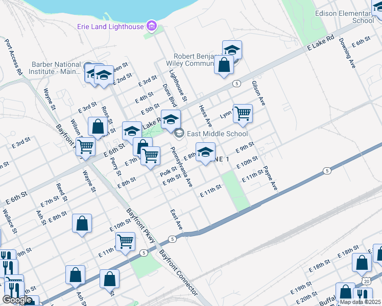 map of restaurants, bars, coffee shops, grocery stores, and more near 1118 East 8th Street in Erie