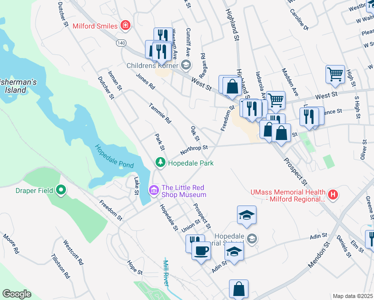 map of restaurants, bars, coffee shops, grocery stores, and more near 29 Northrop Street in Hopedale