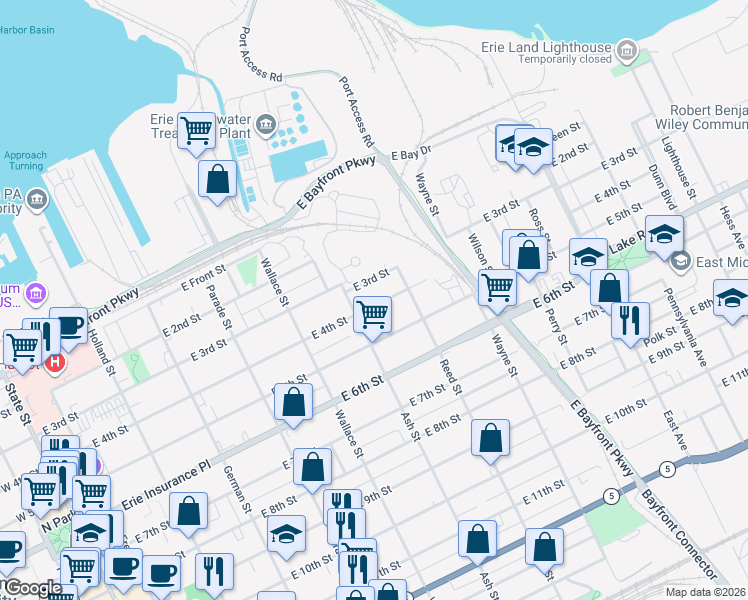 map of restaurants, bars, coffee shops, grocery stores, and more near 612 East 4th Street in Erie
