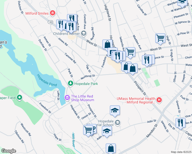 map of restaurants, bars, coffee shops, grocery stores, and more near 24 Freedom Street in Hopedale