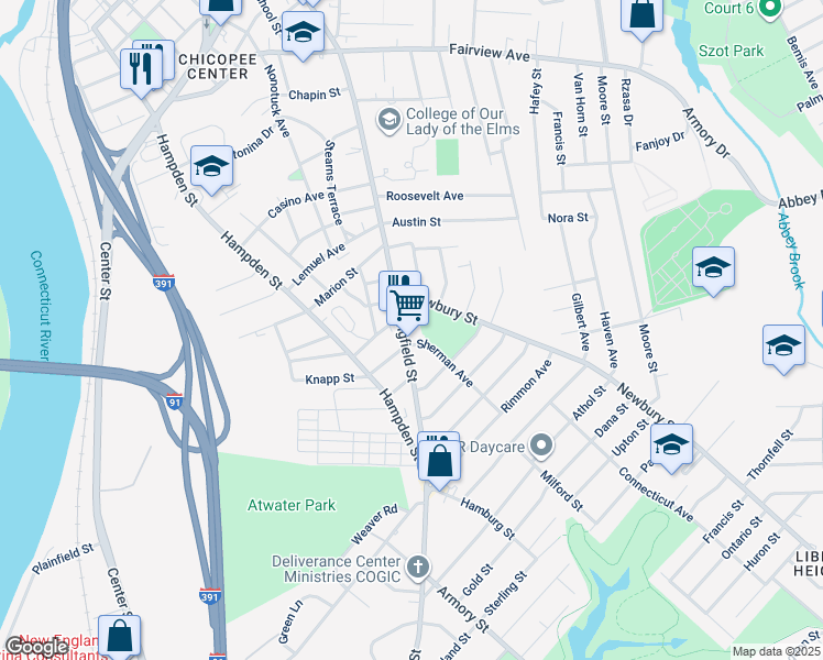 map of restaurants, bars, coffee shops, grocery stores, and more near 485 Springfield Street in Chicopee