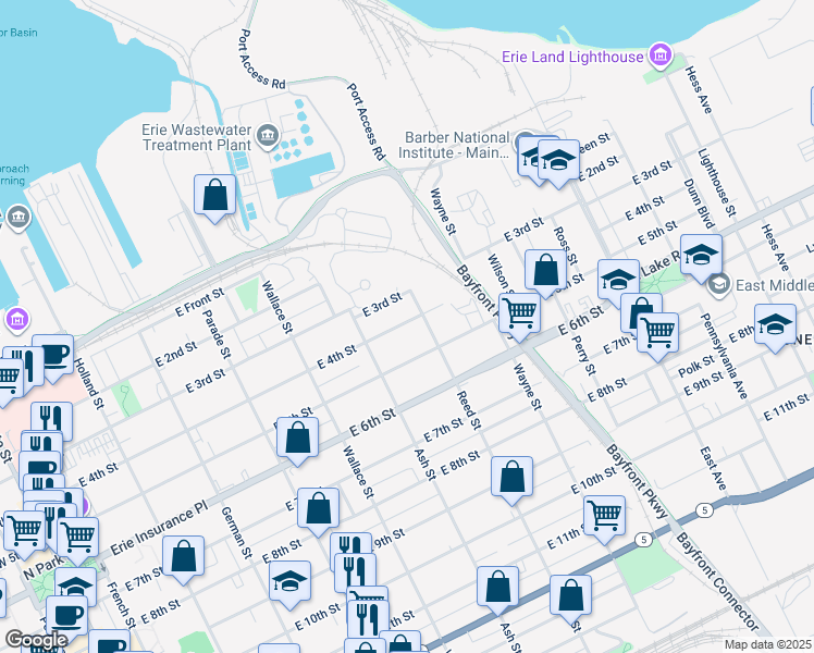 map of restaurants, bars, coffee shops, grocery stores, and more near 641 East 4th Street in Erie