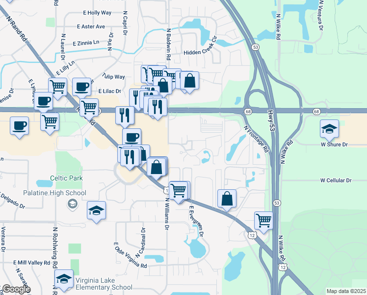 map of restaurants, bars, coffee shops, grocery stores, and more near East Baldwin Lane in Palatine