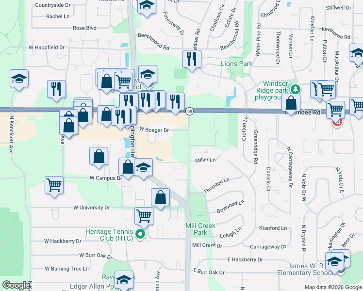map of restaurants, bars, coffee shops, grocery stores, and more near 3400 North Old Arlington Heights Road in Arlington Heights