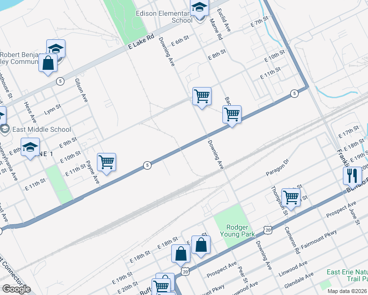 map of restaurants, bars, coffee shops, grocery stores, and more near 1722 Highway 5 in Erie