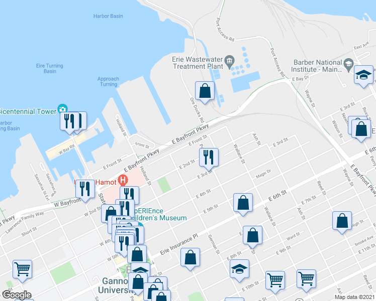 map of restaurants, bars, coffee shops, grocery stores, and more near 339 East Front Street in Erie