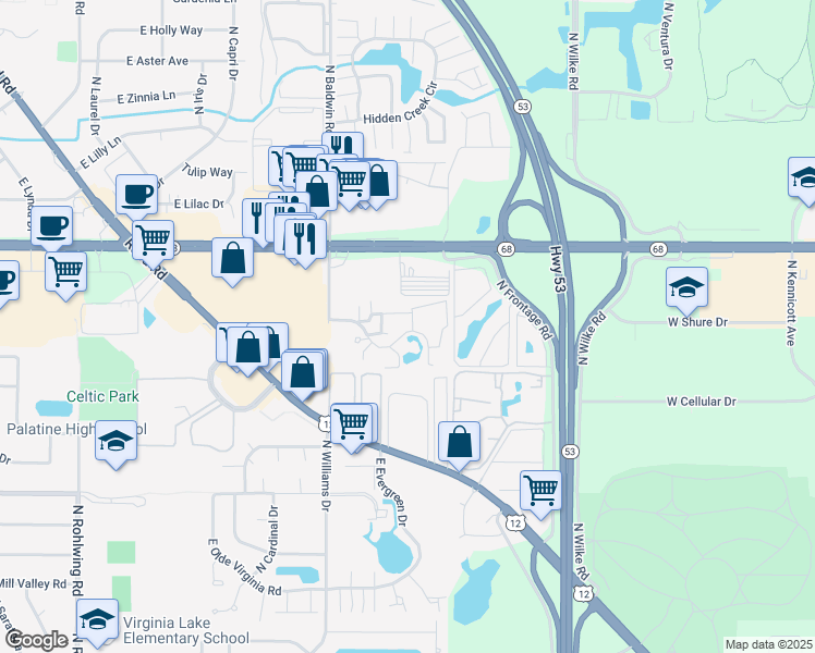 map of restaurants, bars, coffee shops, grocery stores, and more near 1313 East Wyndham Circle in Palatine