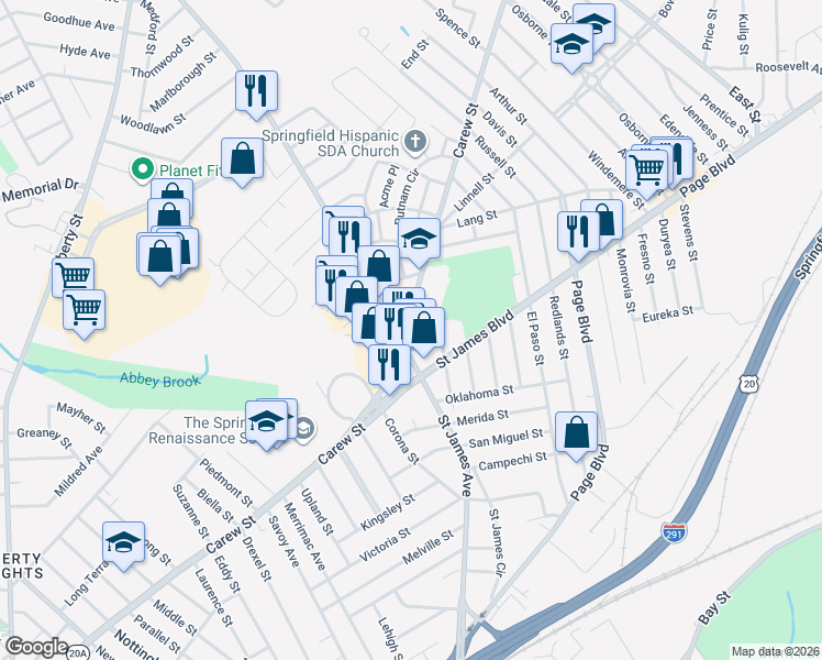 map of restaurants, bars, coffee shops, grocery stores, and more near 1375 Carew Street in Springfield