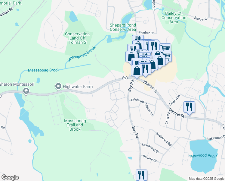 map of restaurants, bars, coffee shops, grocery stores, and more near 10 Bayberry Drive in Sharon