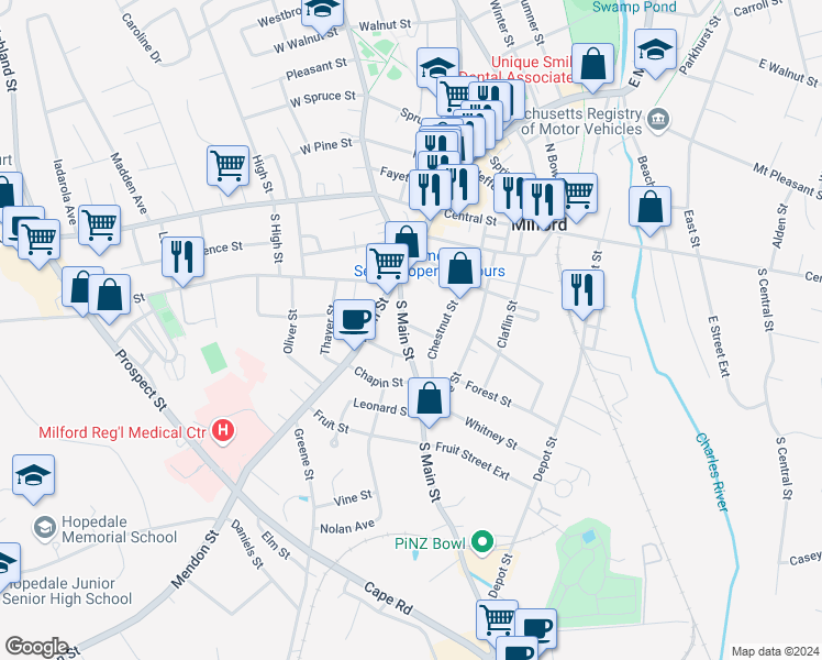 map of restaurants, bars, coffee shops, grocery stores, and more near 24 South Main Street in Milford