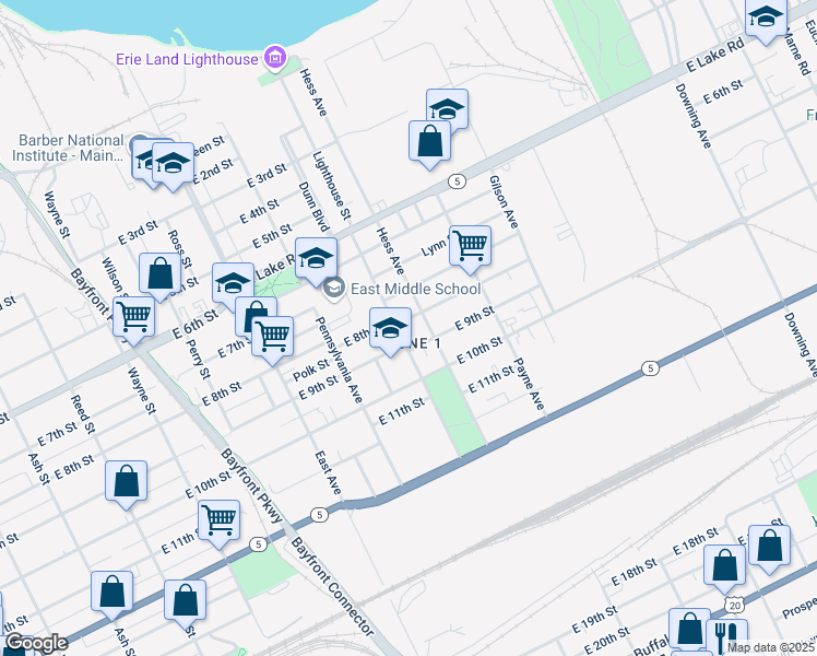 map of restaurants, bars, coffee shops, grocery stores, and more near 1212 East 9th Street in Erie