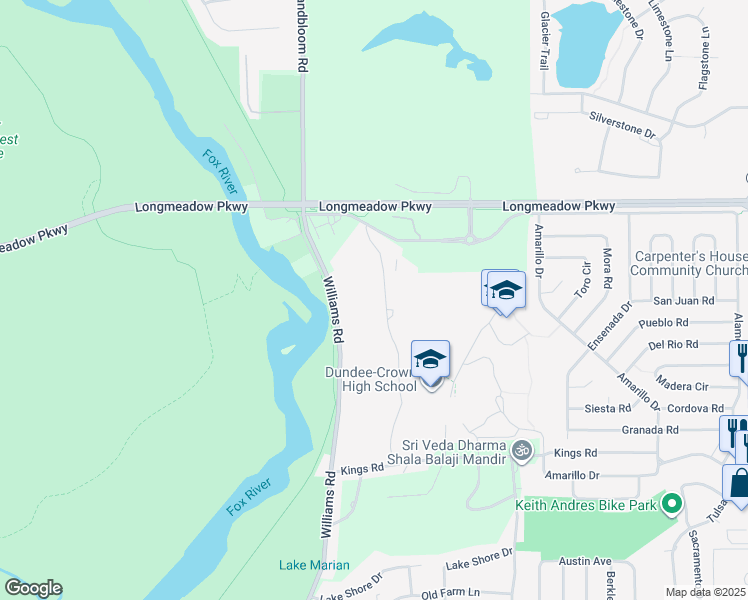 map of restaurants, bars, coffee shops, grocery stores, and more near 19 Oxford Drive in Carpentersville
