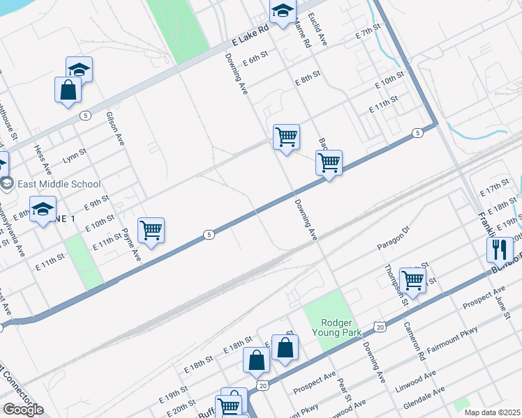 map of restaurants, bars, coffee shops, grocery stores, and more near 1722 Highway 5 in Erie