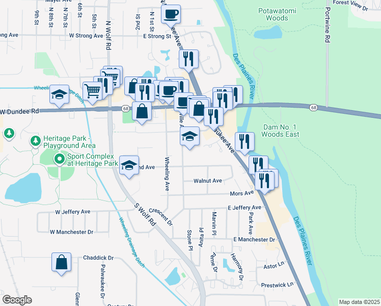 map of restaurants, bars, coffee shops, grocery stores, and more near 133 Wille Avenue in Wheeling