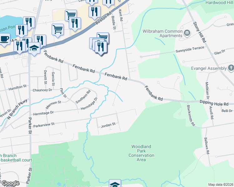 map of restaurants, bars, coffee shops, grocery stores, and more near 63 Castlegate Drive in Springfield