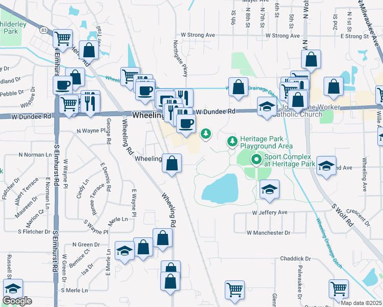 map of restaurants, bars, coffee shops, grocery stores, and more near 375 West Dundee Road in Wheeling