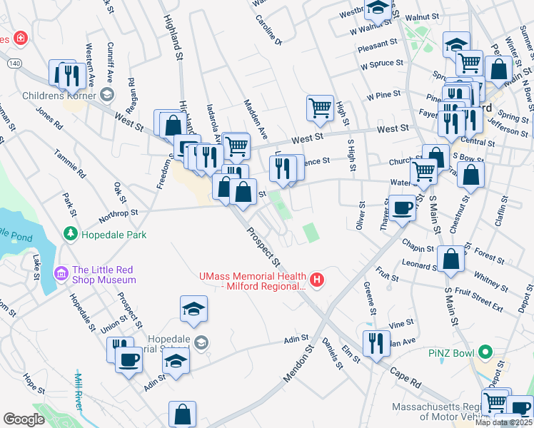 map of restaurants, bars, coffee shops, grocery stores, and more near 72 Prospect Heights in Milford