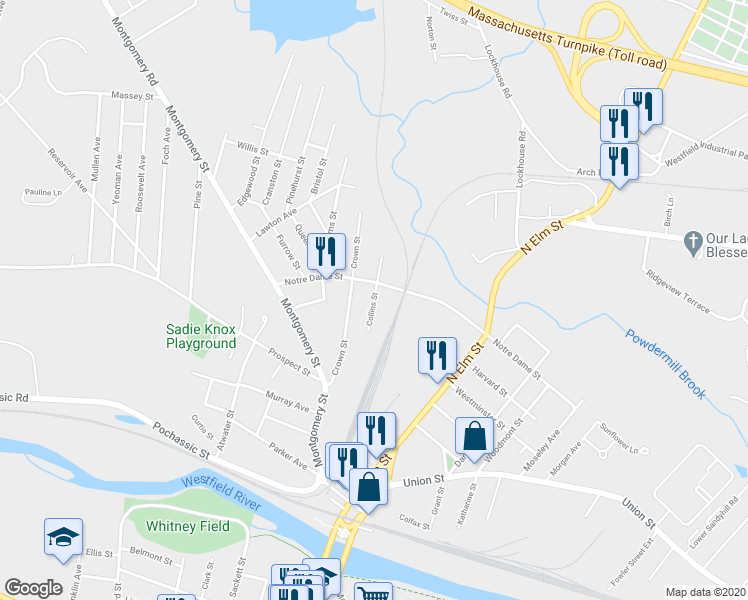 map of restaurants, bars, coffee shops, grocery stores, and more near 10 Collins Street in Westfield