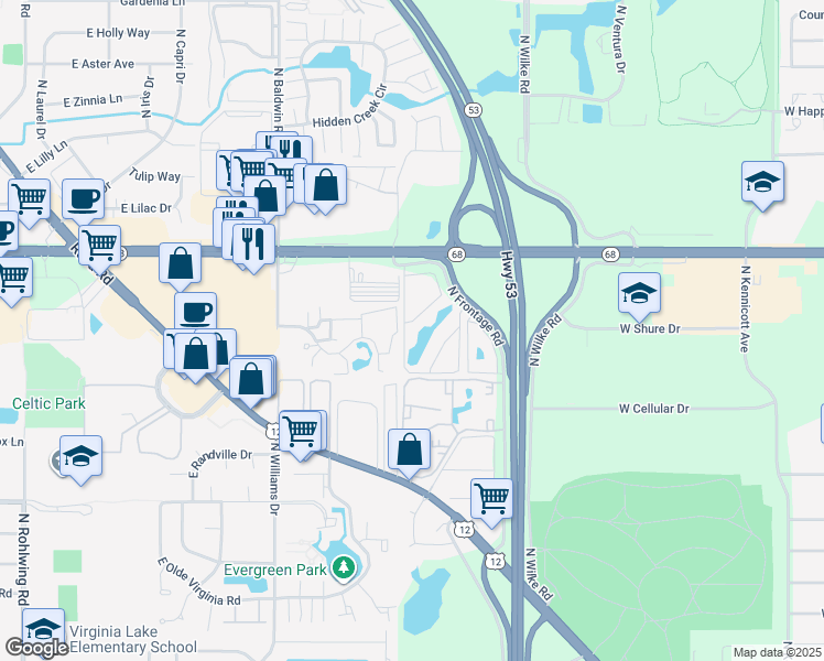 map of restaurants, bars, coffee shops, grocery stores, and more near 1397 East Wyndham Circle in Palatine