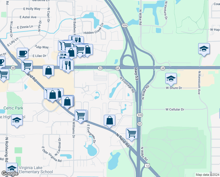 map of restaurants, bars, coffee shops, grocery stores, and more near 1519 North Silver Lane in Palatine
