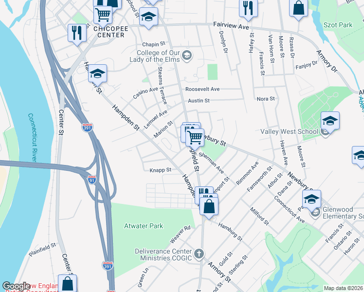 map of restaurants, bars, coffee shops, grocery stores, and more near 490 Springfield Street in Chicopee