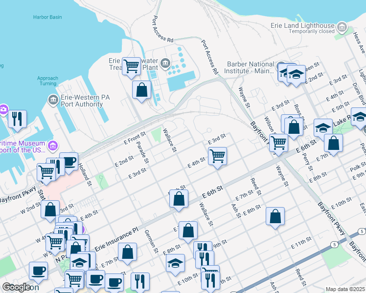 map of restaurants, bars, coffee shops, grocery stores, and more near 513 East 3rd Street in Erie