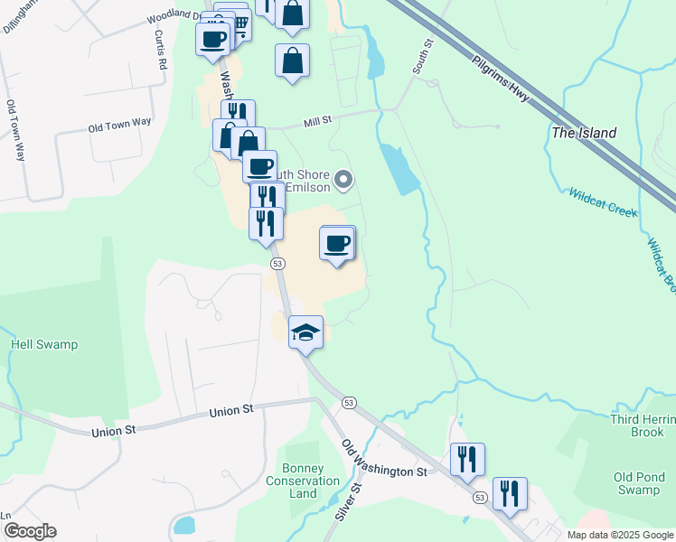 map of restaurants, bars, coffee shops, grocery stores, and more near 1167 Washington Street in Hanover