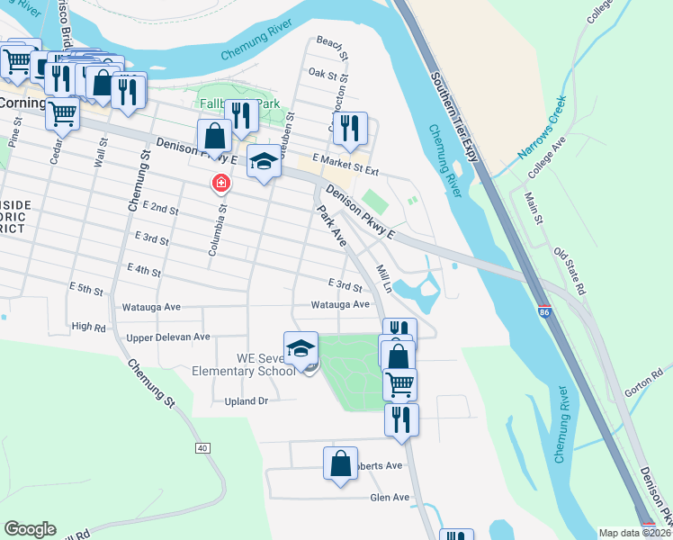 map of restaurants, bars, coffee shops, grocery stores, and more near 390 East 3rd Street in Corning